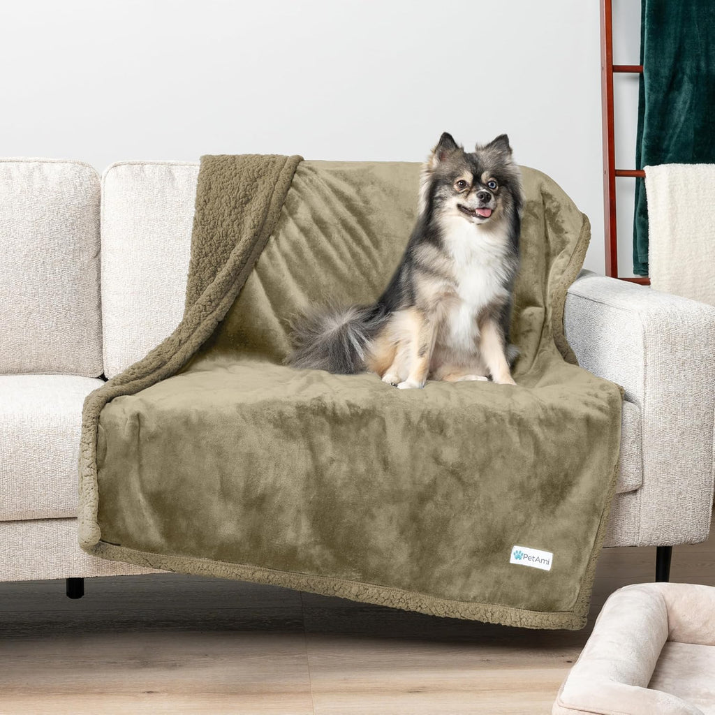 Waterproof Dog Blanket for Medium Large Dog Puppy Cat Throw for Couch Cover Leakproof Protection, Sherpa Fleece, Reversible Soft Washable 60X40 Taupe Taupe