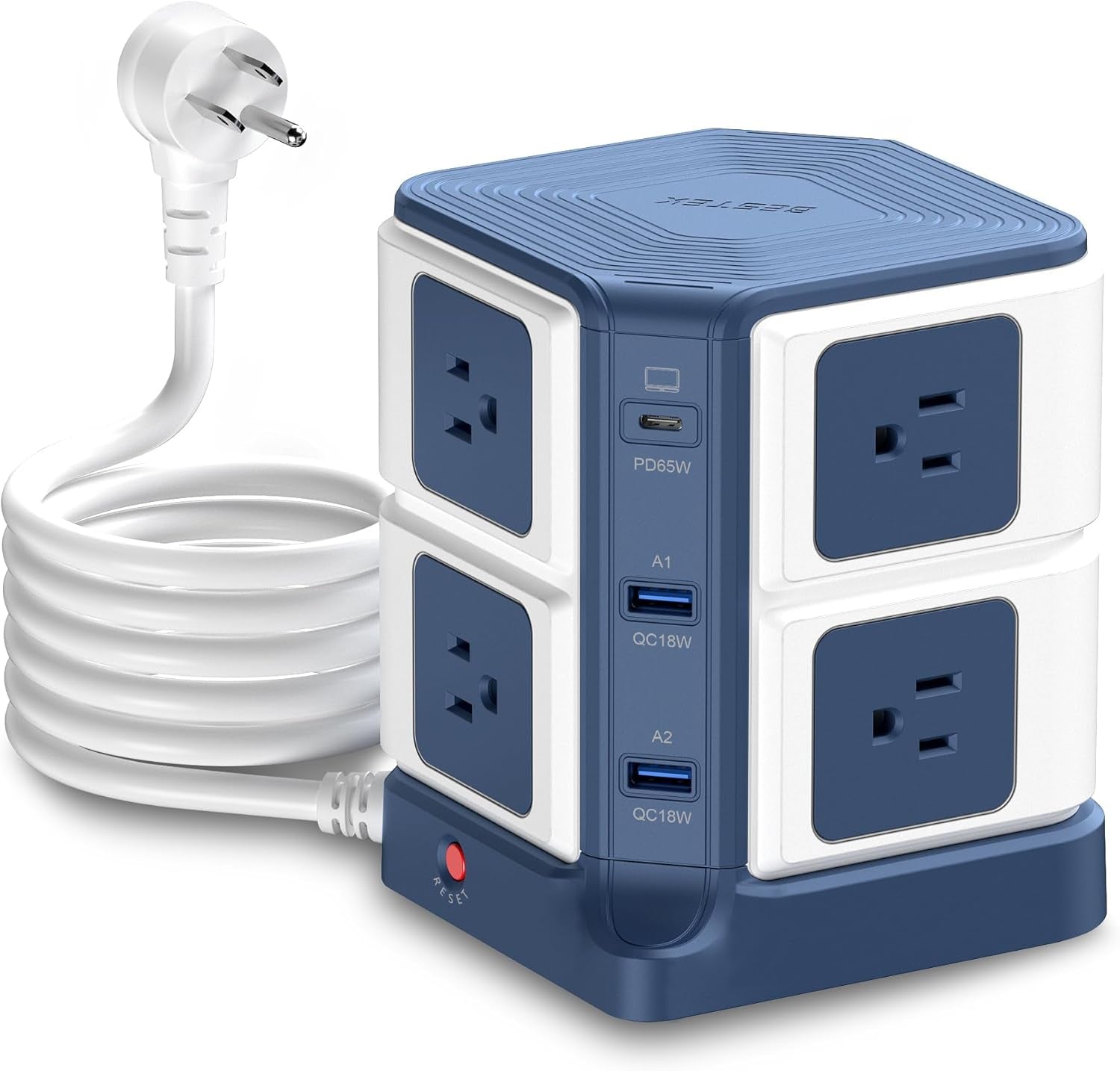 PD 65W USB Power Strip Tower Surge Protector, Desktop Charging Station with 8-Outlet Widely Spaced AC Outlets with 2 USB-A USB-C PD3.0 Ports, 4.9Ft Heavy-Duty Extension Cord for Home Office
