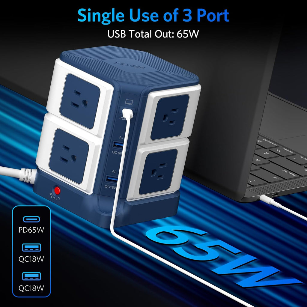 PD 65W USB Power Strip Tower Surge Protector, Desktop Charging Station with 8-Outlet Widely Spaced AC Outlets with 2 USB-A USB-C PD3.0 Ports, 4.9Ft Heavy-Duty Extension Cord for Home Office