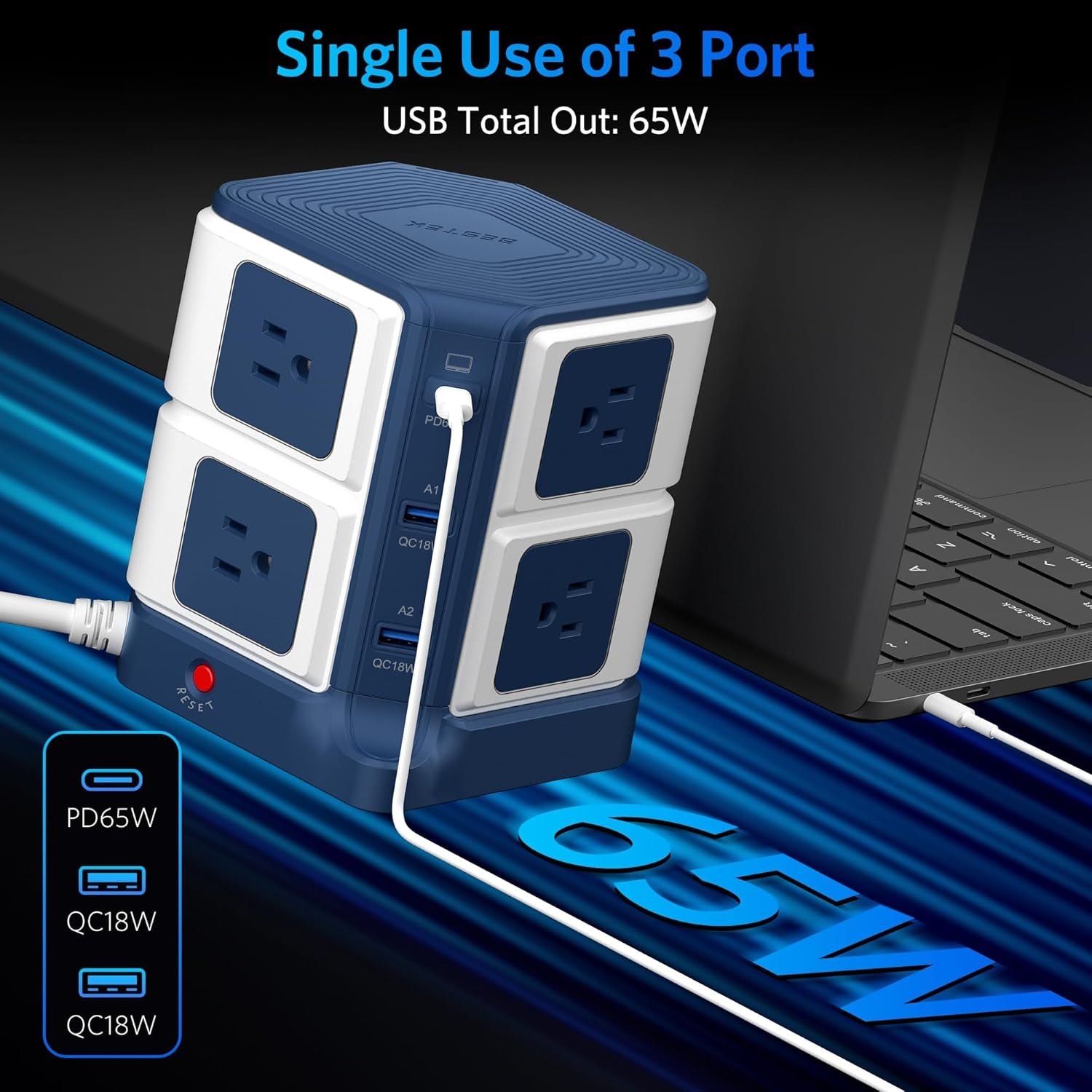 PD 65W USB Power Strip Tower Surge Protector, Desktop Charging Station with 8-Outlet Widely Spaced AC Outlets with 2 USB-A USB-C PD3.0 Ports, 4.9Ft Heavy-Duty Extension Cord for Home Office